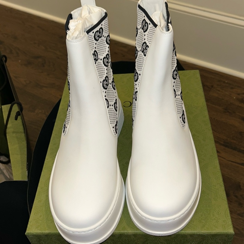 COPY - GUCCI 
Dali Soft Calfskin Technical Jersey Knit GG Monogram Ankle Boots